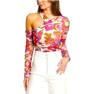 NICHOLAS One-Shoulder Floral Mesh Top in Pink, Orange, White